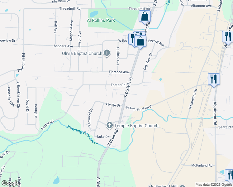 map of restaurants, bars, coffee shops, grocery stores, and more near 2113 Francis Drive in Dalton
