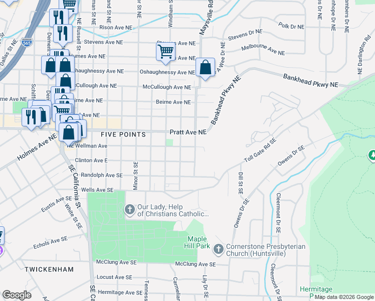 map of restaurants, bars, coffee shops, grocery stores, and more near 1601 Clinton Avenue East in Huntsville