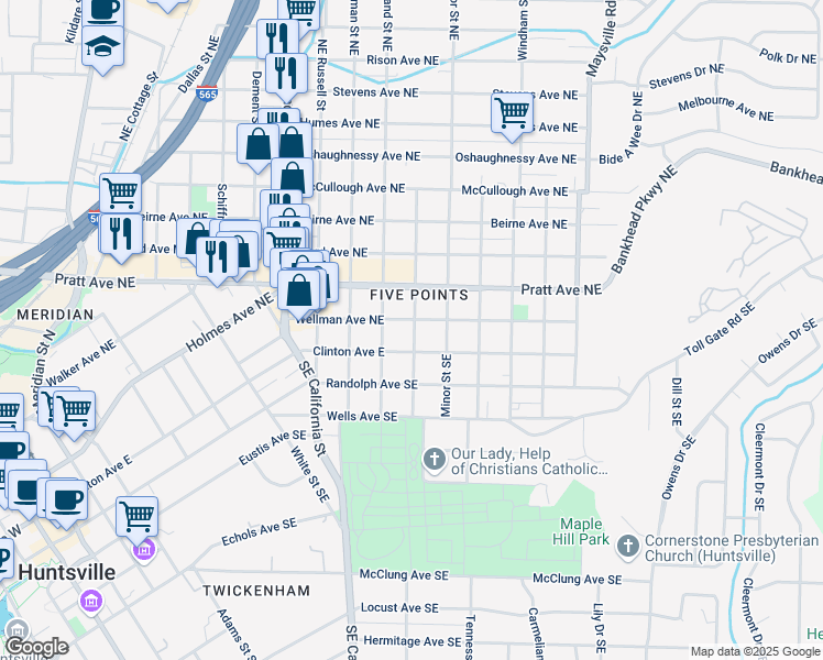 map of restaurants, bars, coffee shops, grocery stores, and more near 1111 Clinton Avenue East in Huntsville