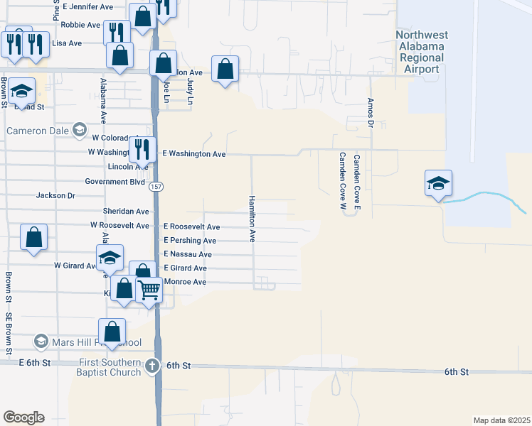 map of restaurants, bars, coffee shops, grocery stores, and more near 405 East Roosevelt Avenue in Muscle Shoals