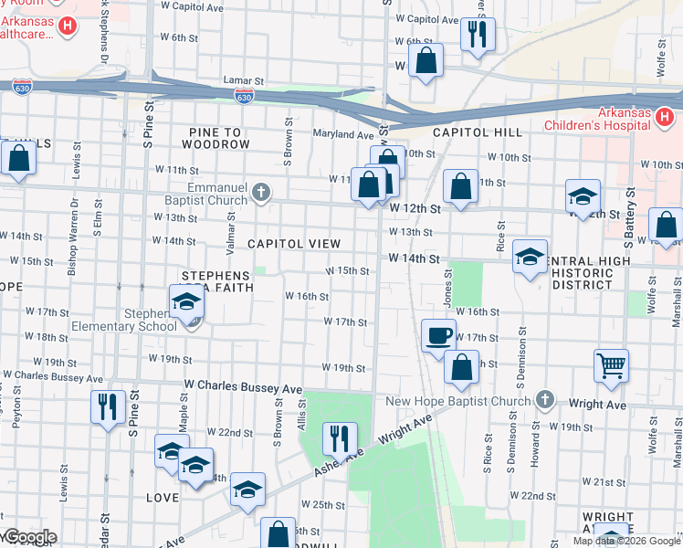 map of restaurants, bars, coffee shops, grocery stores, and more near 1514 South Booker Street in Little Rock