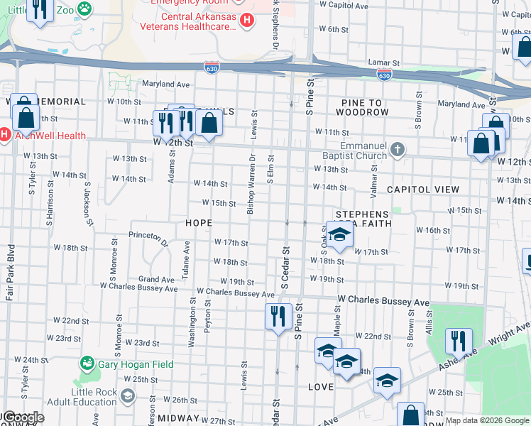 map of restaurants, bars, coffee shops, grocery stores, and more near 1514 South Elm Street in Little Rock