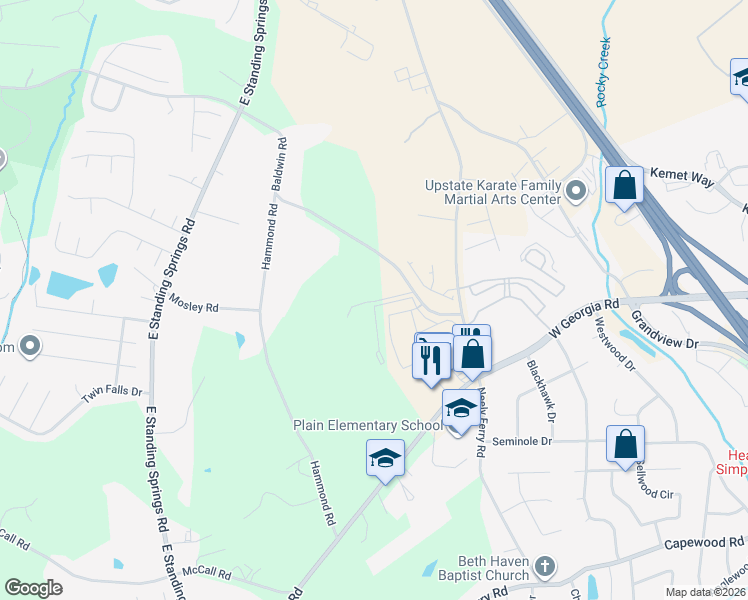 map of restaurants, bars, coffee shops, grocery stores, and more near 27295 Baldwin Road in Simpsonville