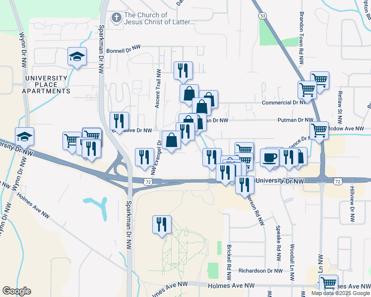 map of restaurants, bars, coffee shops, grocery stores, and more near 1013 Putman Drive Northwest in Huntsville
