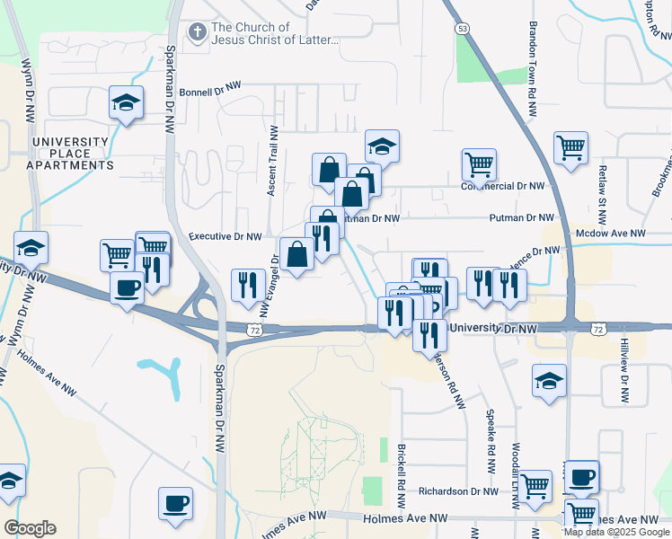 map of restaurants, bars, coffee shops, grocery stores, and more near 1013 Putman Drive Northwest in Huntsville