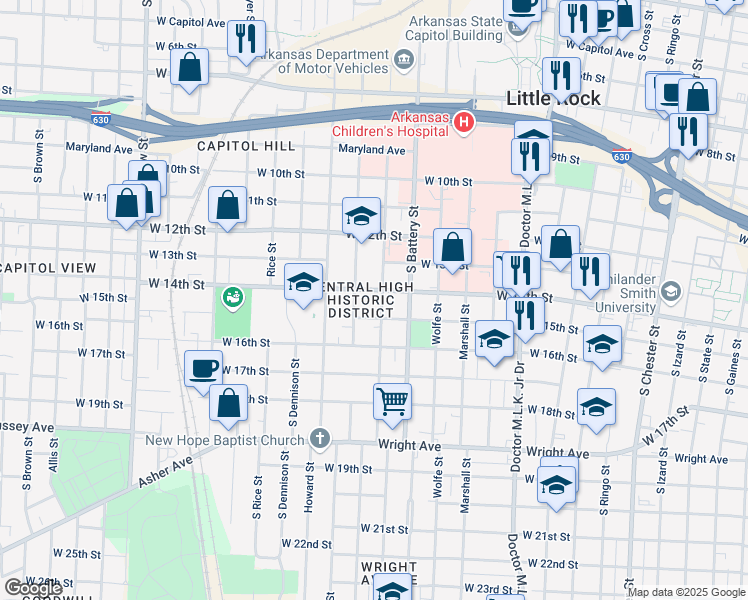 map of restaurants, bars, coffee shops, grocery stores, and more near 1406 South Summit Street in Little Rock