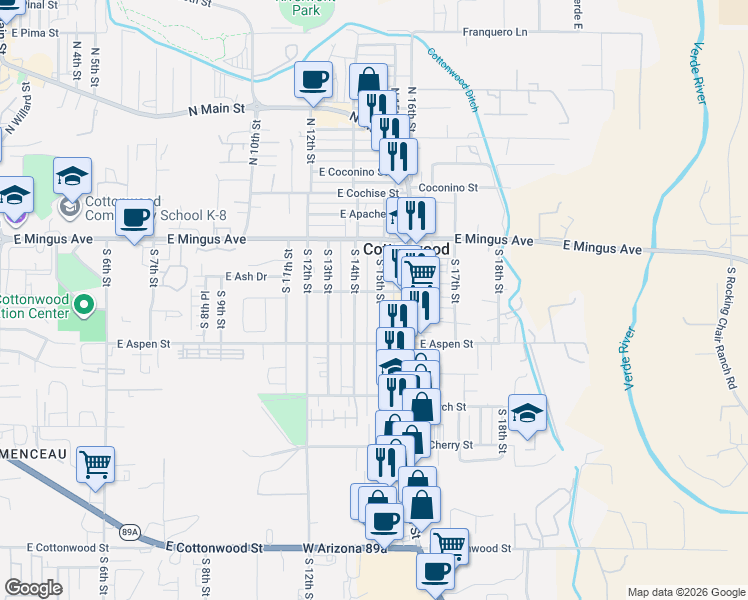 map of restaurants, bars, coffee shops, grocery stores, and more near 123 South 15th Street in Cottonwood