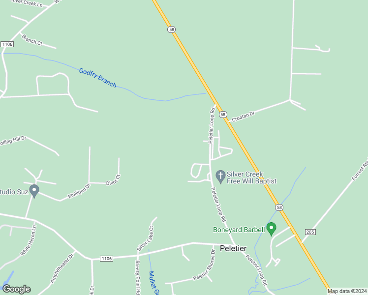 map of restaurants, bars, coffee shops, grocery stores, and more near 601 Peletier Loop Road in Swansboro