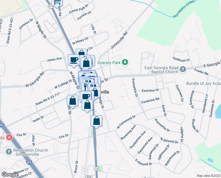 map of restaurants, bars, coffee shops, grocery stores, and more near 214 East Curtis Street in Simpsonville