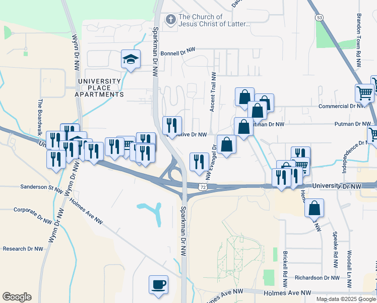 map of restaurants, bars, coffee shops, grocery stores, and more near 1248 Sparkman Drive Northwest in Huntsville
