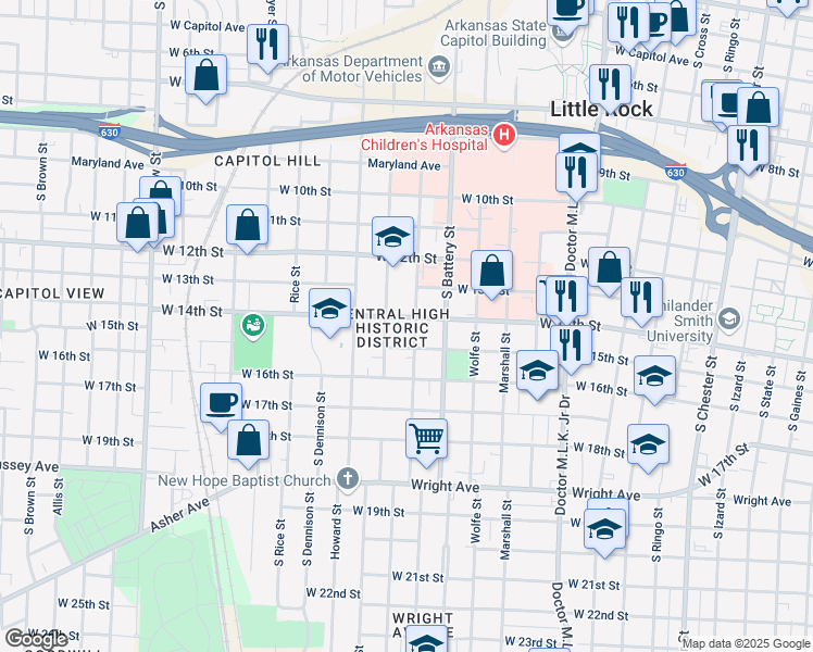map of restaurants, bars, coffee shops, grocery stores, and more near 1419 South Summit Street in Little Rock