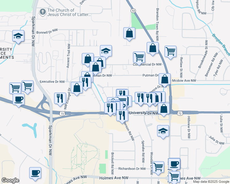 map of restaurants, bars, coffee shops, grocery stores, and more near 1410 Lancewood Drive Northwest in Huntsville