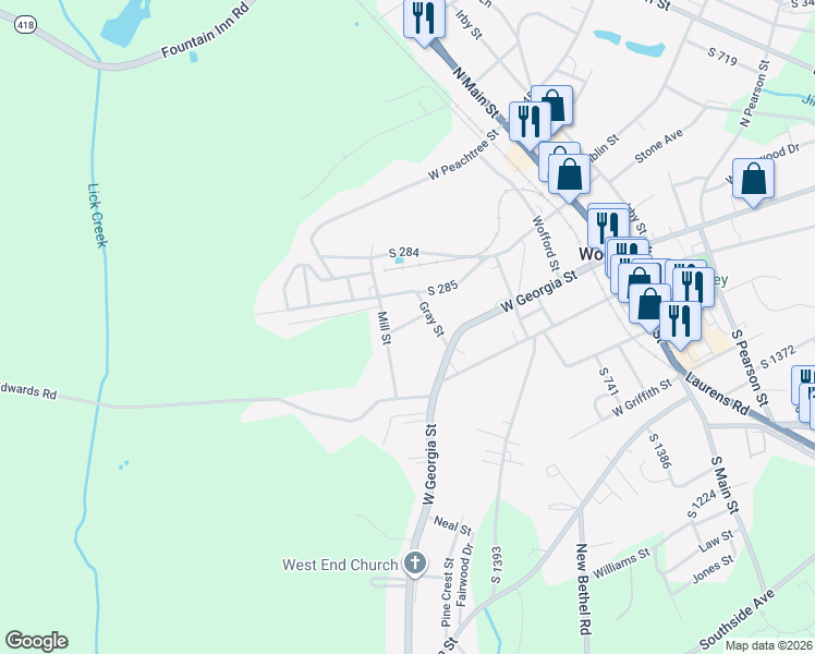 map of restaurants, bars, coffee shops, grocery stores, and more near 537 Green Street in Woodruff