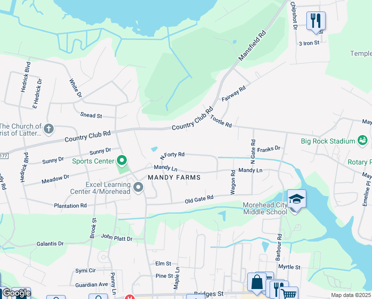 map of restaurants, bars, coffee shops, grocery stores, and more near 719 North Forty Road in Morehead City