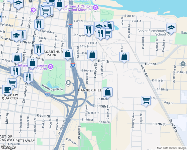 map of restaurants, bars, coffee shops, grocery stores, and more near 1010 East 11th Street in Little Rock