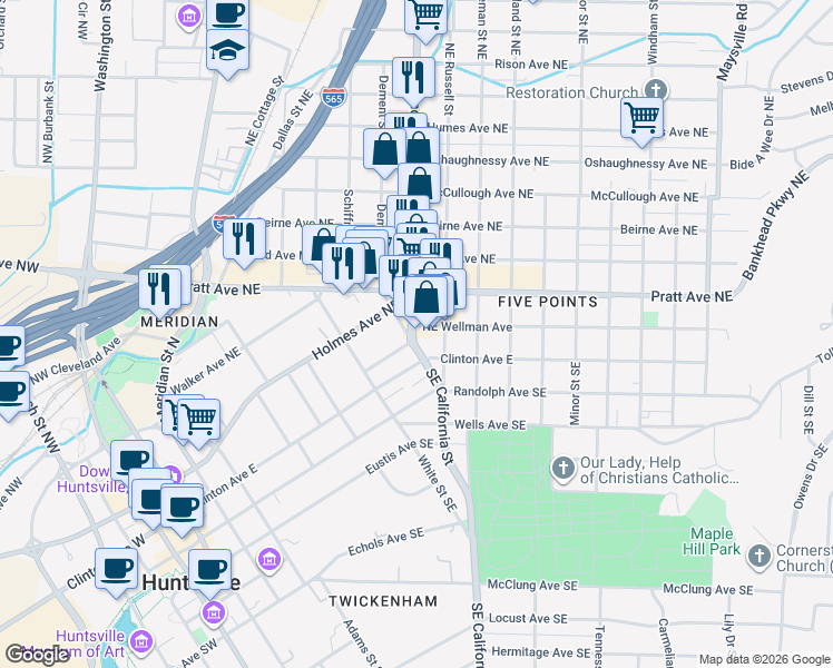 map of restaurants, bars, coffee shops, grocery stores, and more near 800 Wellman Avenue Northeast in Huntsville