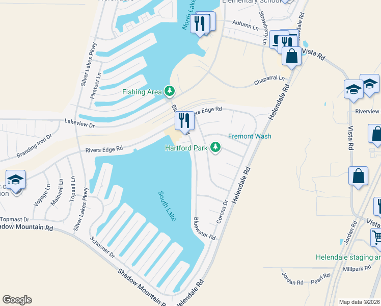 map of restaurants, bars, coffee shops, grocery stores, and more near 26734 Bluewater Road in Helendale