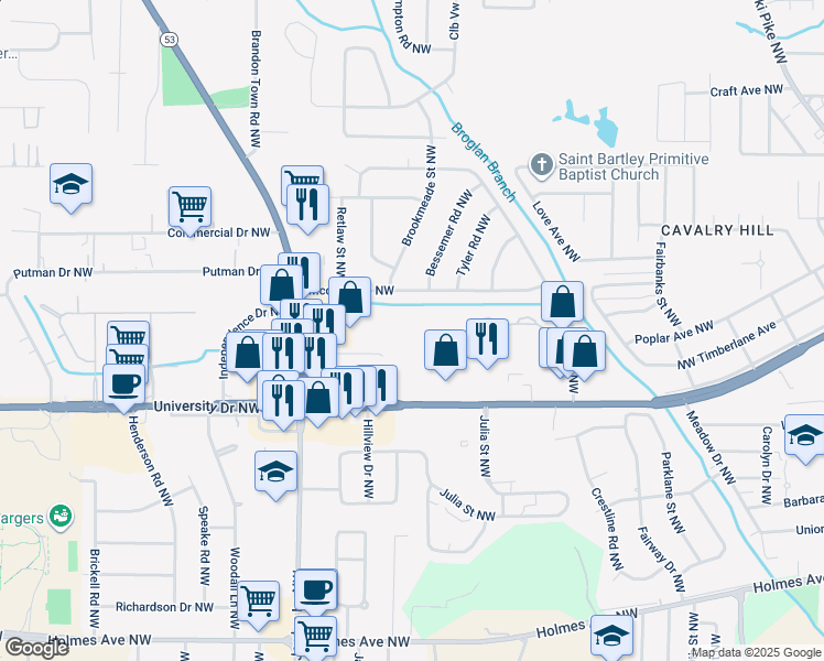map of restaurants, bars, coffee shops, grocery stores, and more near 3784 University Drive Northwest in Huntsville
