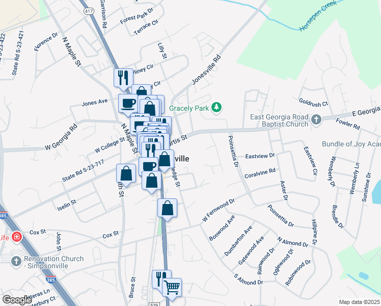 map of restaurants, bars, coffee shops, grocery stores, and more near 214 East Curtis Street in Simpsonville