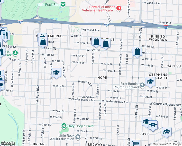 map of restaurants, bars, coffee shops, grocery stores, and more near 4520 West 16th Street in Little Rock