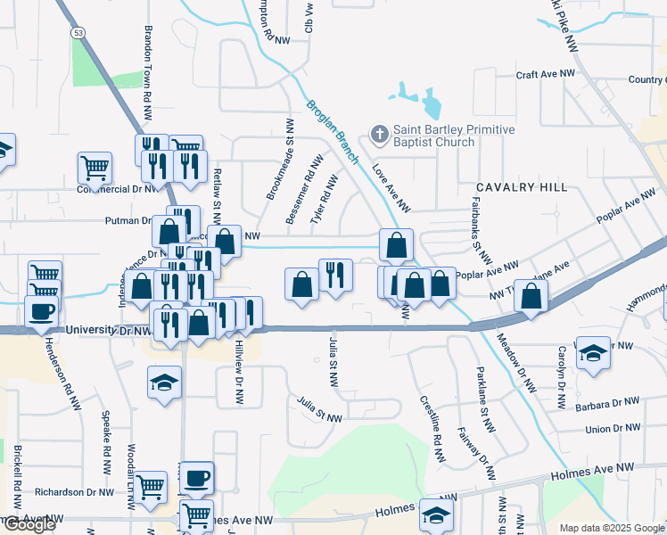 map of restaurants, bars, coffee shops, grocery stores, and more near 3015 Autumn Wood Drive Northwest in Huntsville
