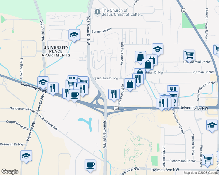 map of restaurants, bars, coffee shops, grocery stores, and more near 555 Executive Drive Northwest in Huntsville