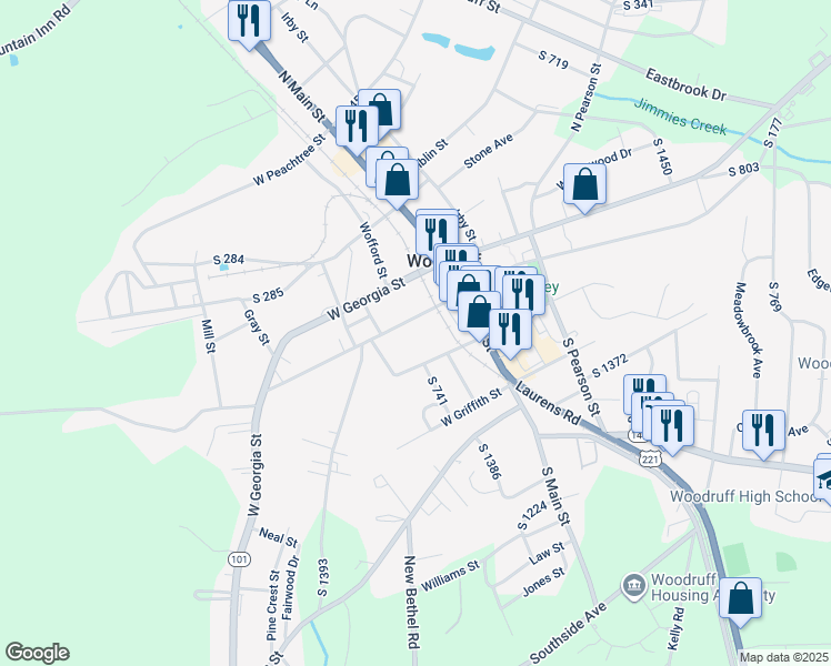 map of restaurants, bars, coffee shops, grocery stores, and more near 248 West Pine Street in Woodruff