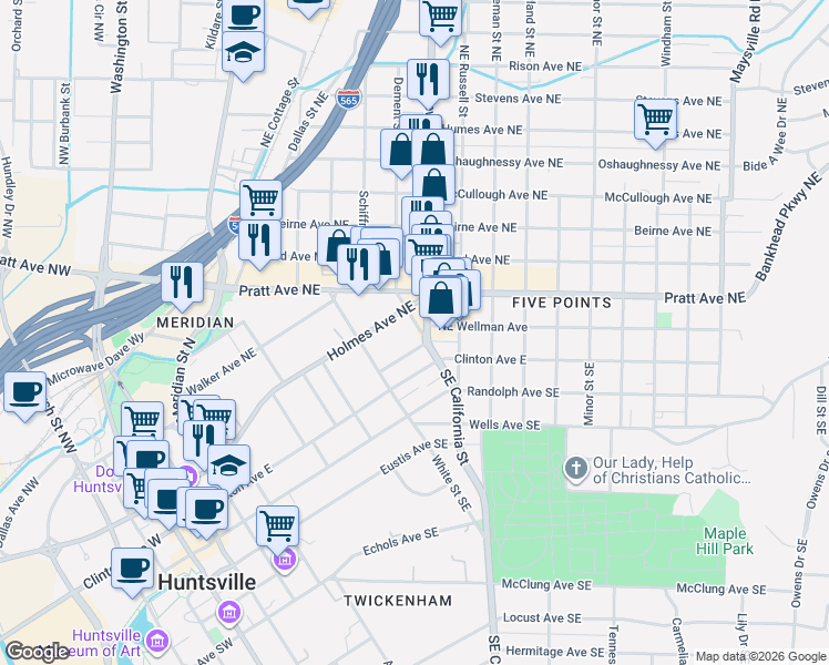 map of restaurants, bars, coffee shops, grocery stores, and more near 201 Dement Street Northeast in Huntsville
