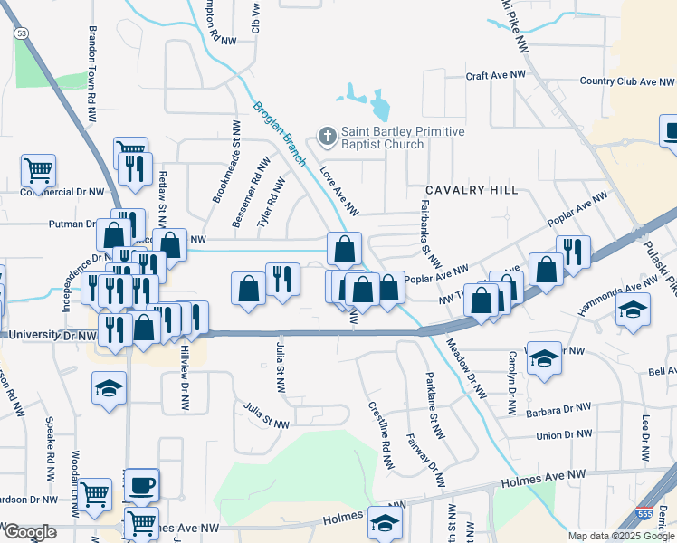 map of restaurants, bars, coffee shops, grocery stores, and more near 1007 Oster Drive Northwest in Huntsville