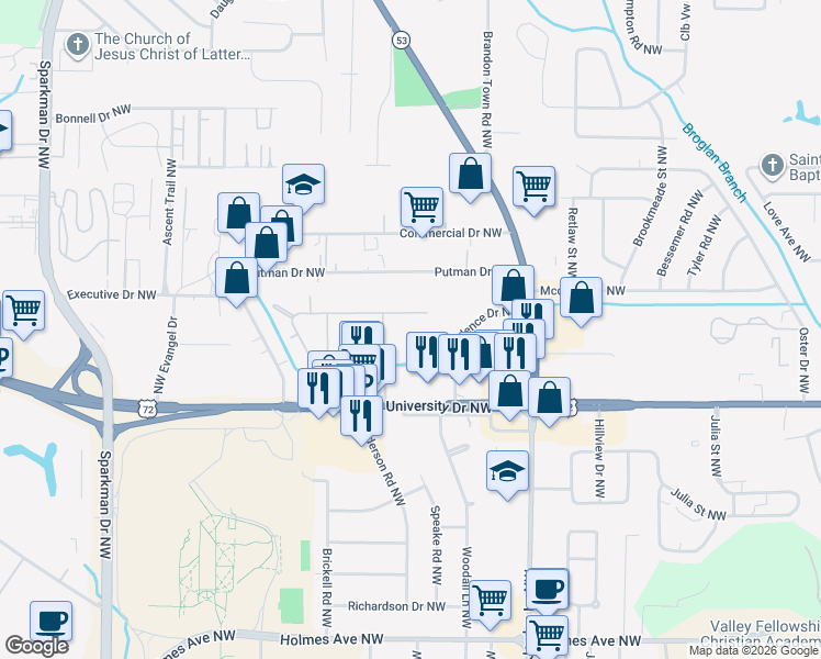 map of restaurants, bars, coffee shops, grocery stores, and more near 4213 Boxwood Drive Northwest in Huntsville