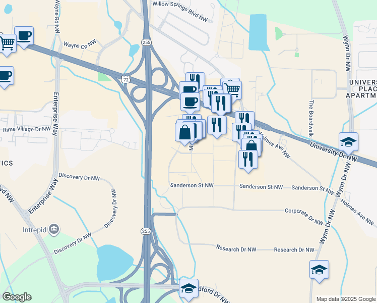 map of restaurants, bars, coffee shops, grocery stores, and more near 5901 University Drive Northwest in Huntsville