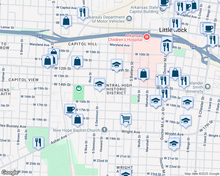 map of restaurants, bars, coffee shops, grocery stores, and more near 1419 South Schiller Street in Little Rock