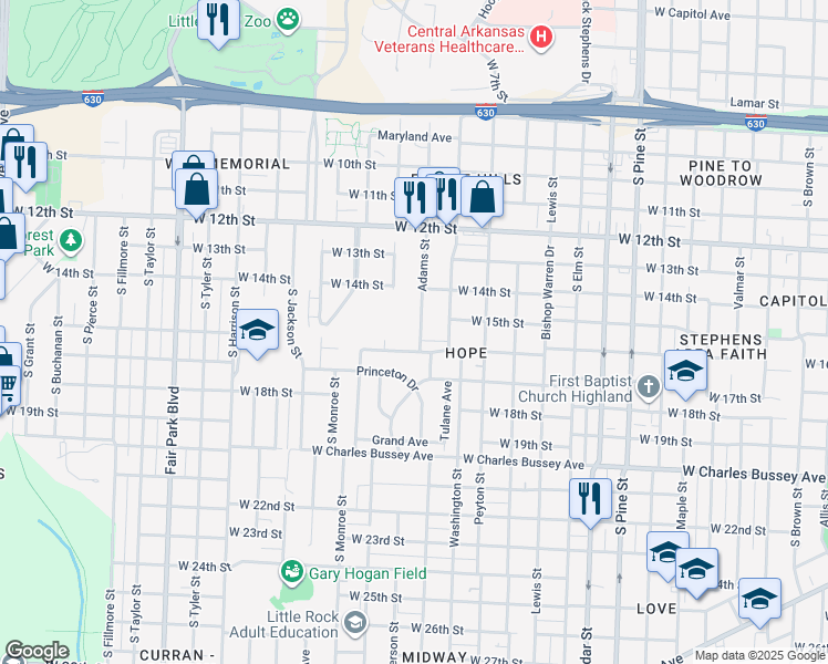 map of restaurants, bars, coffee shops, grocery stores, and more near 4520 West 16th Street in Little Rock