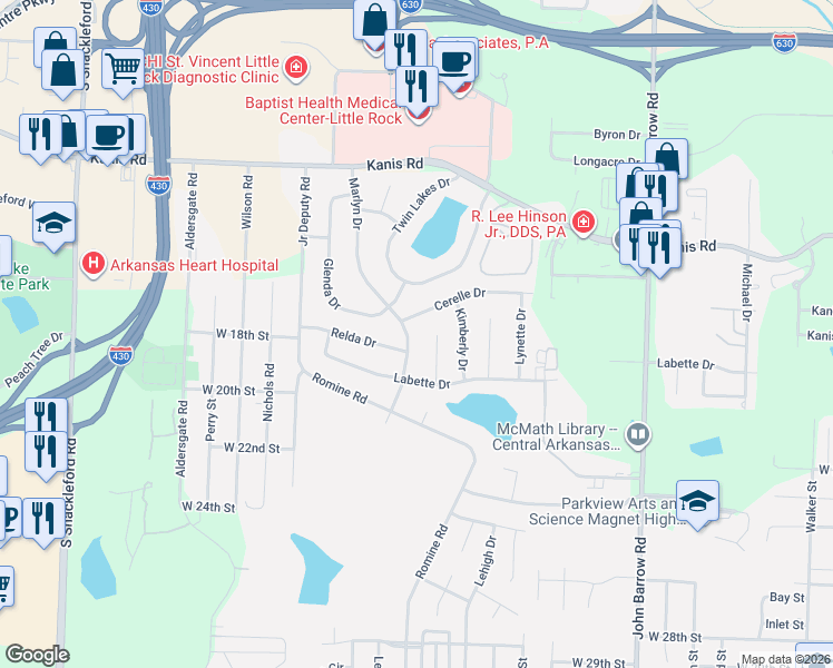 map of restaurants, bars, coffee shops, grocery stores, and more near 9600 Relda Drive in Little Rock