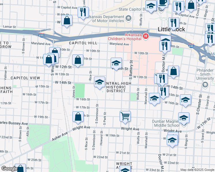 map of restaurants, bars, coffee shops, grocery stores, and more near 2125 West Daisy L Gatson Bates Drive in Little Rock