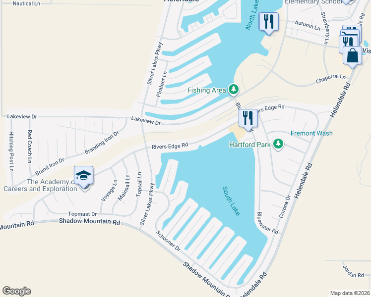 map of restaurants, bars, coffee shops, grocery stores, and more near 14413 Rivers Edge Road in Helendale