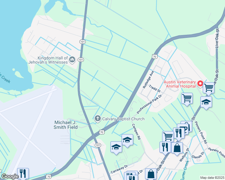 map of restaurants, bars, coffee shops, grocery stores, and more near 550 North Carolina 101 in Beaufort