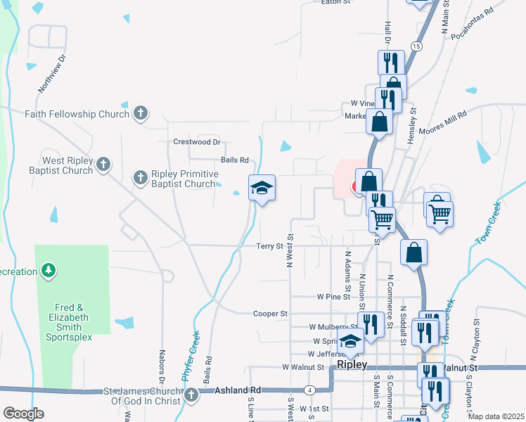 map of restaurants, bars, coffee shops, grocery stores, and more near 702 Terry Street in Ripley