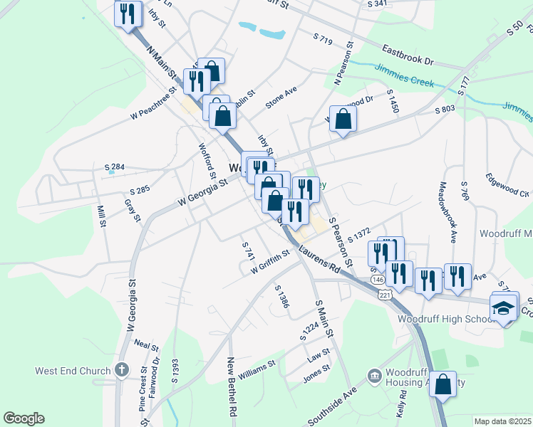 map of restaurants, bars, coffee shops, grocery stores, and more near 250 South Main Street in Woodruff