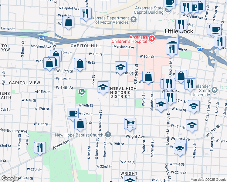 map of restaurants, bars, coffee shops, grocery stores, and more near 2125 West Daisy L Gatson Bates Drive in Little Rock