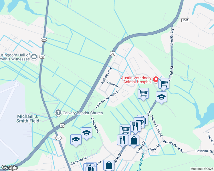 map of restaurants, bars, coffee shops, grocery stores, and more near 307 Franklin Street in Beaufort