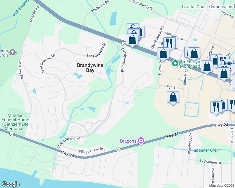 map of restaurants, bars, coffee shops, grocery stores, and more near 206 Lazy Lane in Morehead City