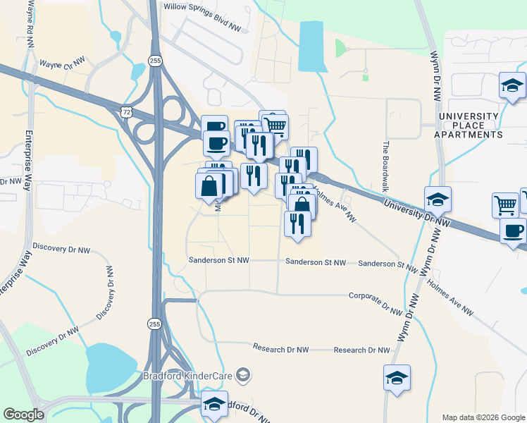map of restaurants, bars, coffee shops, grocery stores, and more near 901-961 Old Monrovia Rd NW in Huntsville