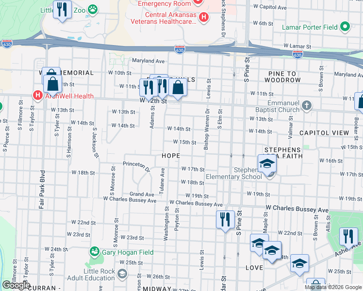 map of restaurants, bars, coffee shops, grocery stores, and more near 4316 West 16th Street in Little Rock