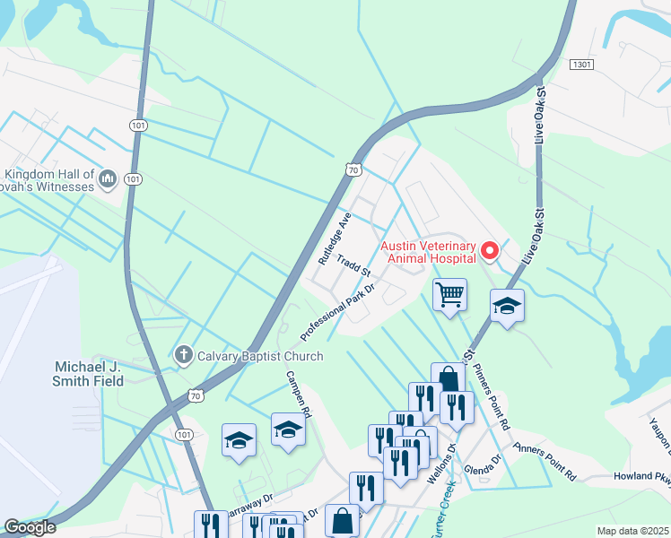 map of restaurants, bars, coffee shops, grocery stores, and more near 307 Franklin Street in Beaufort