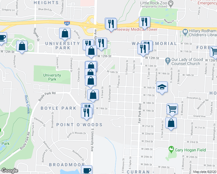 map of restaurants, bars, coffee shops, grocery stores, and more near 1600 South Buchanan Street in Little Rock