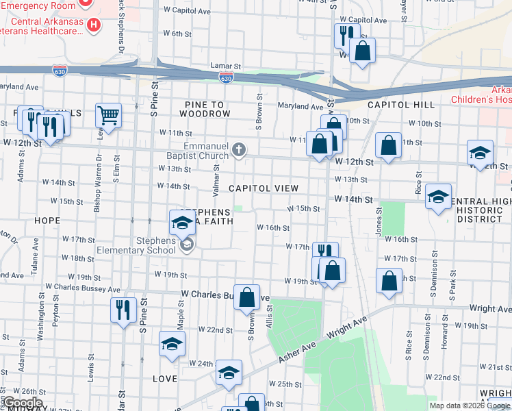 map of restaurants, bars, coffee shops, grocery stores, and more near 3217 West 15th Street in Little Rock