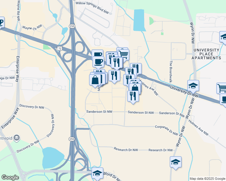 map of restaurants, bars, coffee shops, grocery stores, and more near 901 Old Monrovia Road Northwest in Huntsville