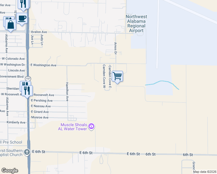 map of restaurants, bars, coffee shops, grocery stores, and more near 1898 Amos Dr in Muscle Shoals