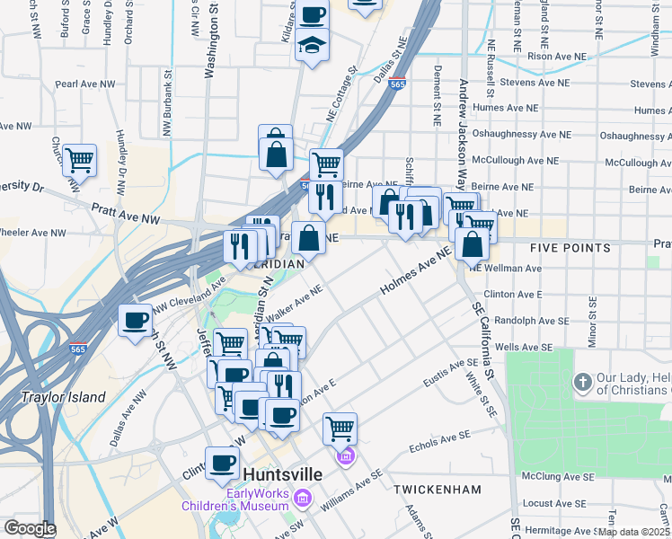 map of restaurants, bars, coffee shops, grocery stores, and more near 200 Walker Avenue Northeast in Huntsville